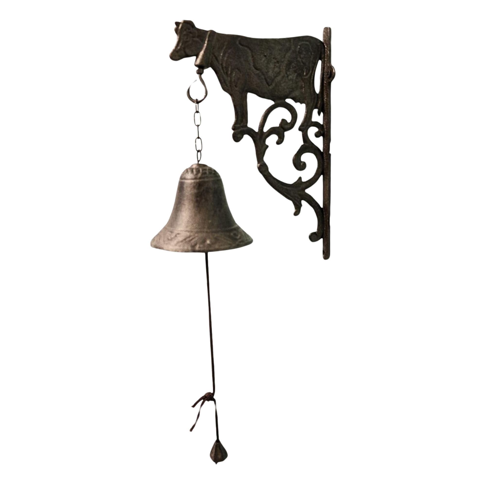 Rustic Cast Iron Wall Bell With Embossed Cow Accent - Vintage Outdoor Dinner Bell - Farmhouse Classic Yard Decor for Countryside or Contemporary Home Styles