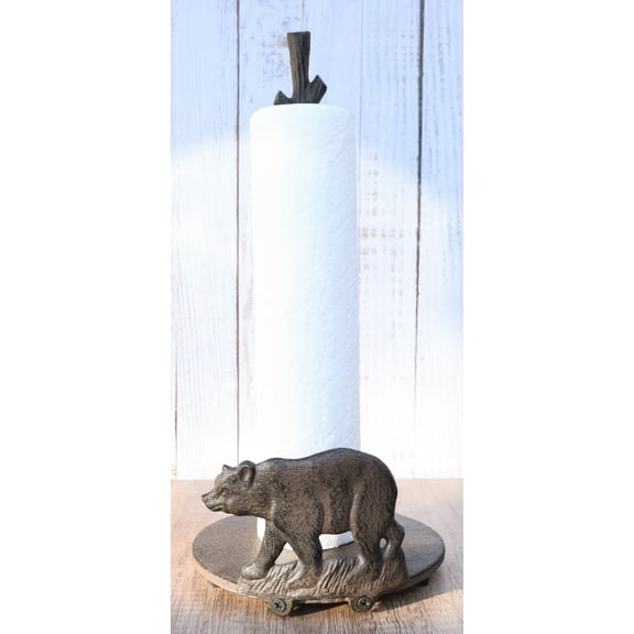 Rustic Cast Iron Western Forest Black Bear Strolling Paper Towel Holder Stand