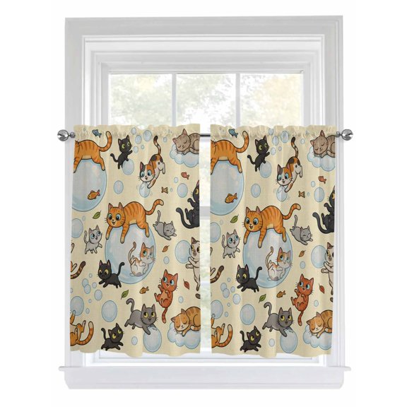 Rustic Cat Kitchen Curtains 54 Inch Length, Funny Cute Fish Leaves Bubble Rod Pocket Light Filtering Window Curtains Living Room Bedroom Curtain Drapes Cafe Curtain Window Treatment 52''x54''x2