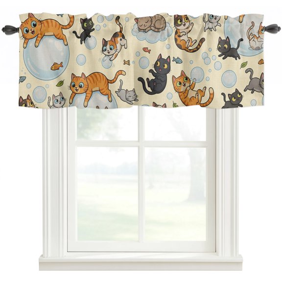 Rustic Cat Kitchen Valances for Windows, Funny Cute Fish Leaves Bubble Bathroom Window Valances 42x12 Inch Rod Pocket Window Treatments Valance Curtains for Living Room Bedroom Decor