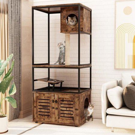 Rustic Cat Litter Box Enclosure with Cat Tree Tower, Large Hidden Cat Washroom with Condo, Sisal Scratching Post and Perch
