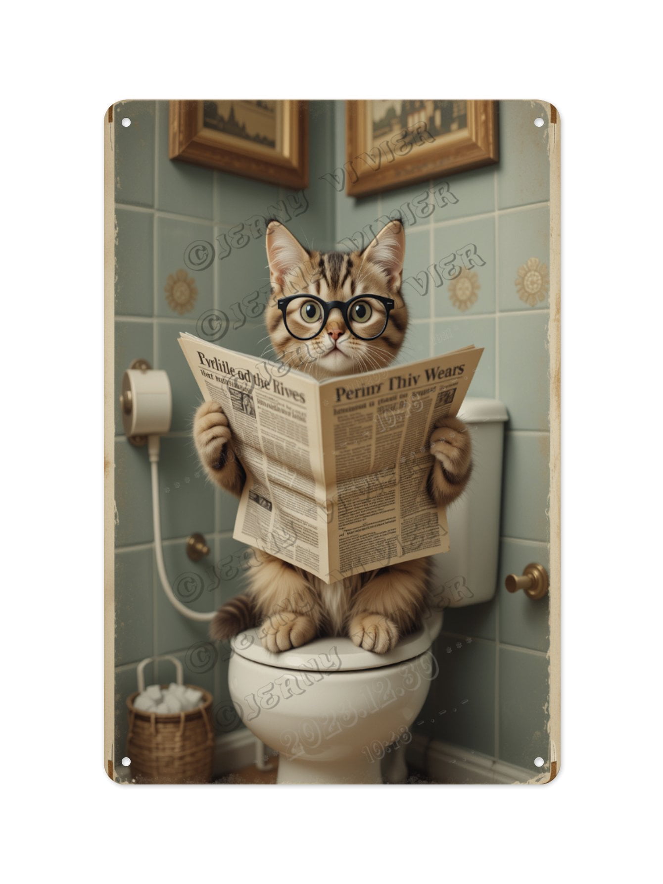 Rustic Cat Reading Newspaper on the Toilet Aluminum Sign 12 x 16 Inches ...
