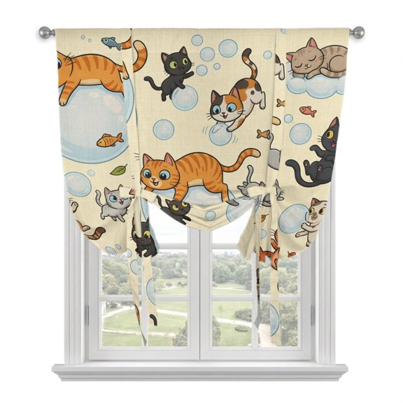 Rustic Cat Tie Up Curtains for Windows 63 Inch Length Balloon Curtains Kitchen Adjustable Balloon Window Shade Funny Cute Fish Leaves Bubble Tie Up Valance Bathroom Curtain Window 52"x63"