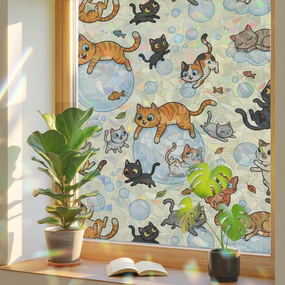 Rustic Cat Window Privacy Film Rainbow Static Cling Stain Glass Window Film for Glass Door, Decorative UV Blocking Sunroof Decal Sticker for Car Home 17.7"x78.7" Funny Cute Fish Leaves Bubble