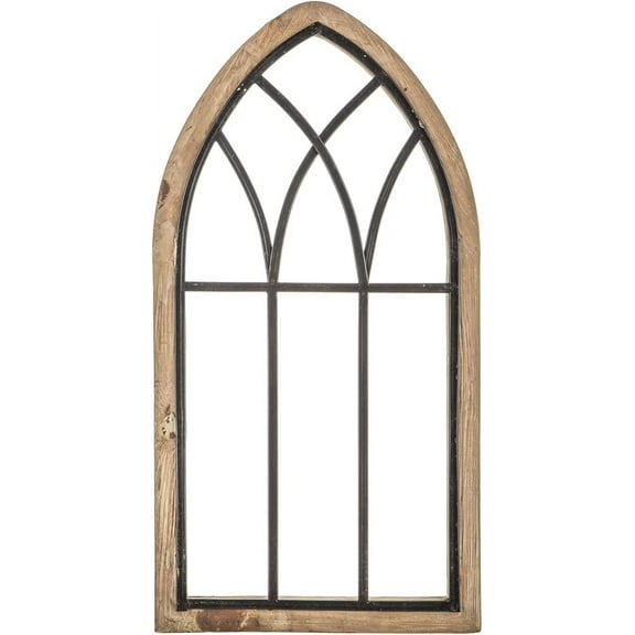 Rustic Cathedral Arch Wood Wall Decor  Decorative Farmhouse Faux Window Frame  Traditional Wood Framed Window Arch w/Metal Bars - Rustic Wall Decor for Living Room, Bedroom, or Event Space