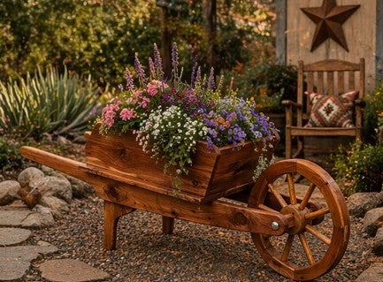 Rustic Cedar Decorative Wheelbarrow Planter – Amish Handcrafted Wooden Garden Wheelbarrow for Flowers