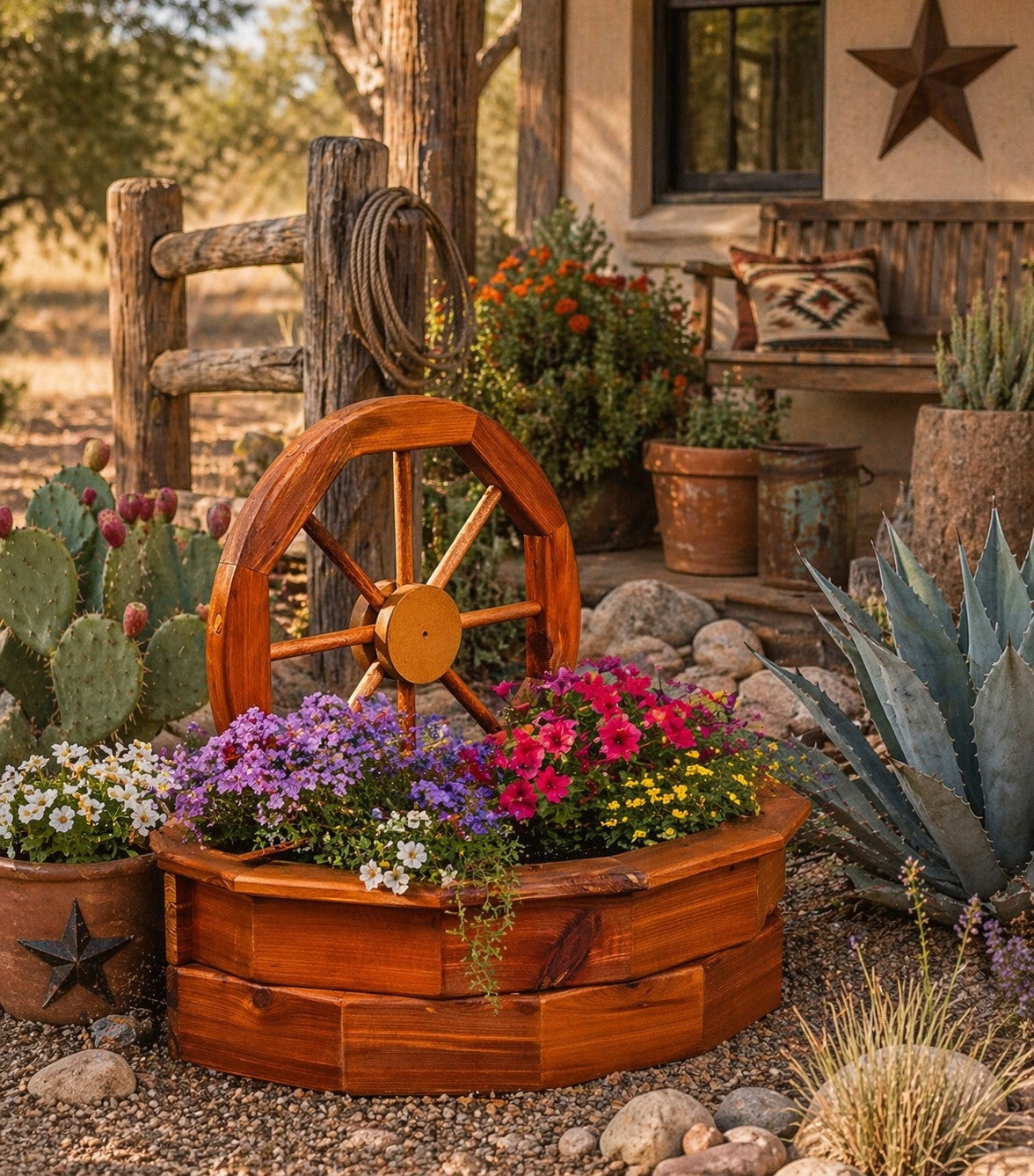 Rustic Cedar Wagon Wheel Planter – Eastern Red Cedar Farmhouse Garden Planter for Patio or Yard