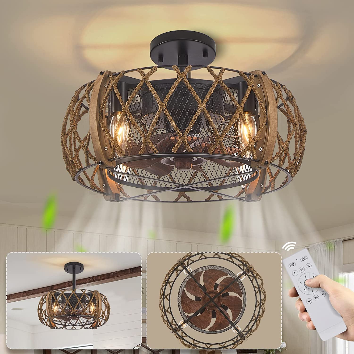 Rustic Ceiling Fans with Lights, 17 Inch Low Profile Caged Ceiling Fan