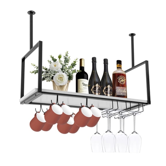 Rustic Ceiling Wine Glass Rack 31.5 inch Hanging Wine Rack with Glass Holder Mug Shelf Metal Bar Wine Glass Rack for Cafe Kitchen Restaurant, Black