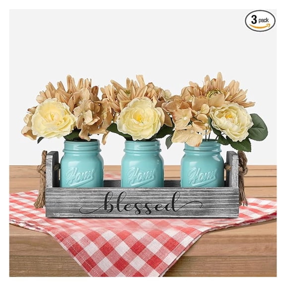 Rustic Centerpiece for Table - Farmhouse Wood Tray with Roses, Thankful Decor for Coffee Table, Dining Room, Kitchen, New Home Gift