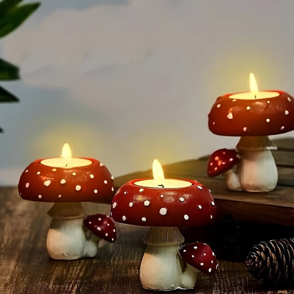 Rustic Ceramic 2-Pack Mushroom Candle Holders - Tea Light Display, Craft Accents, Tabletop Sticks - Baked Finish