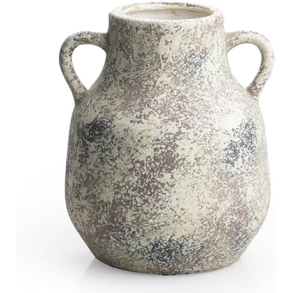 Rustic Ceramic Farmhouse Flower Round Vase with 2 Handles, Vintage Terra Cotta Vases, Decorative Pottery Ceramic Stone Vase for Home Decor, Living Room, Table, Shelf Decor, Mantel, 7.7 Inch