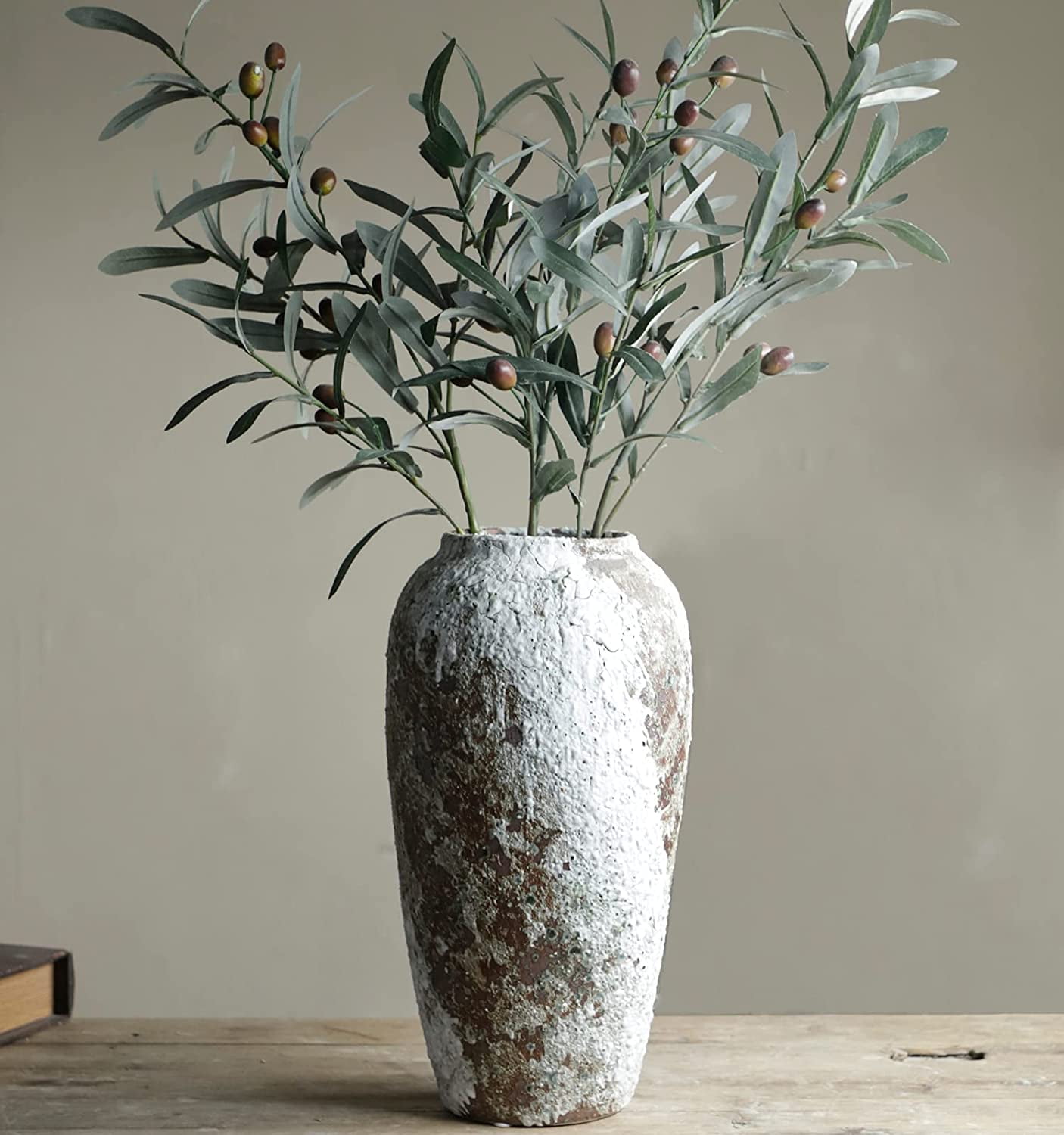 Rustic White and Brown Ceramic Tall Vase