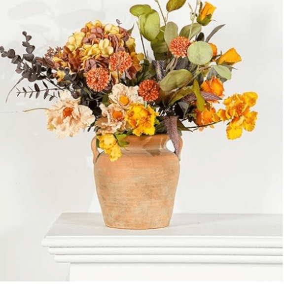 Rustic Ceramic Flower Vase with Handles, Decorative Pottery Vase 7 Inch Terracotta Plant Pots, Cement Textured Vases Home Decor, Indoor Fresh Flowers Planter, Dried Flower Arrangements