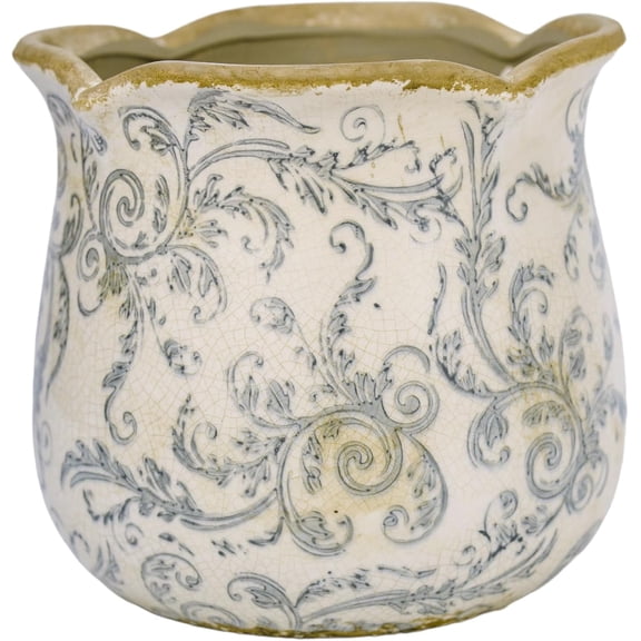 Rustic Ceramic Planter, 6 Inch Tuscan Vintage Flower Pot with Drainage, Farmhouse Garden Pot for Indoor Plants, Kitchen & Garden Tuscan Decor, Plant Lover Gift (Grey)