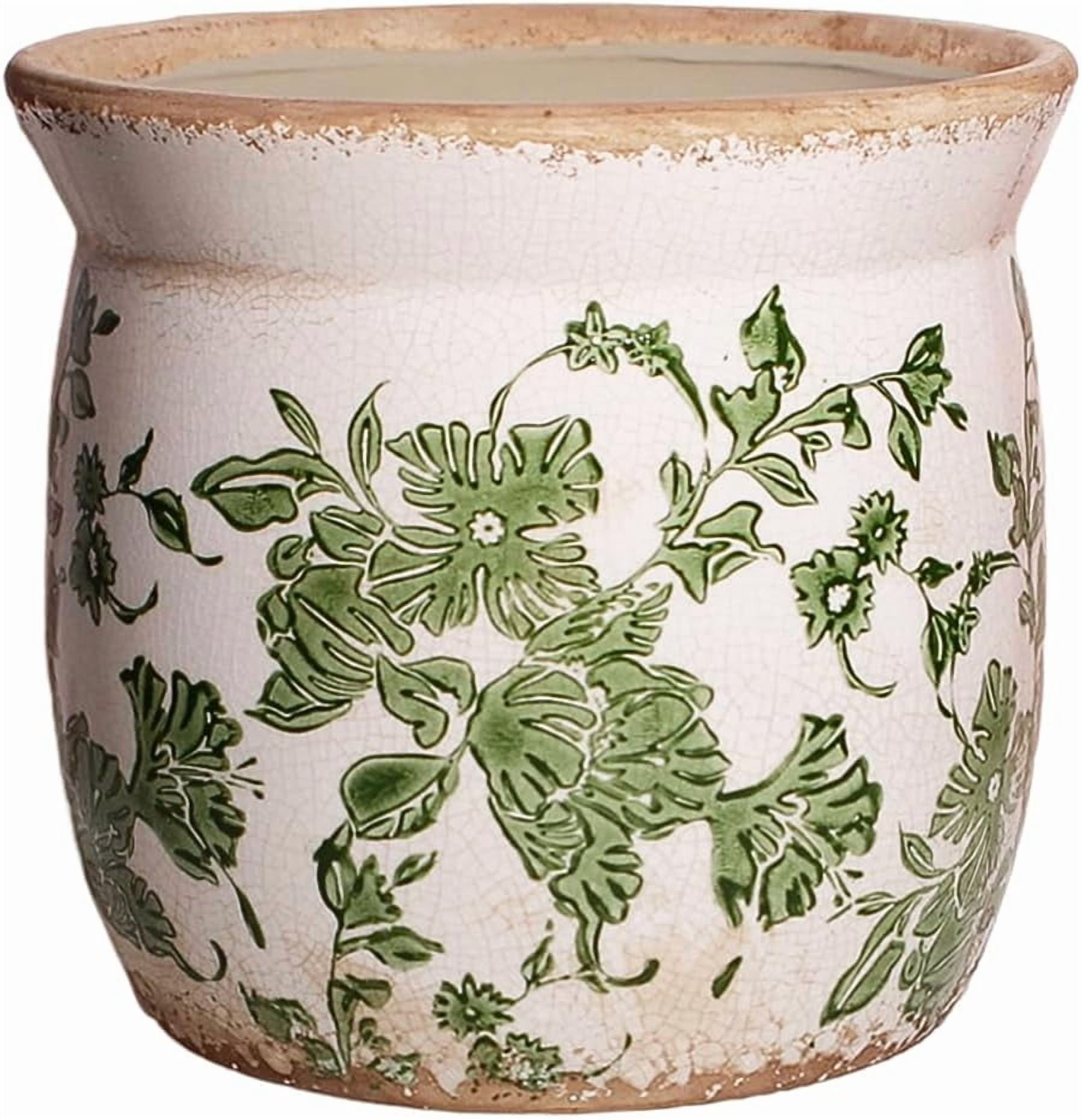 Rustic Ceramic Pots for Plants, 6.21in. Vintage Crackle Glazed Planters for Indoor & Outdoor Plants with Drainage Hole, Unique Planting Pots for Gardening, Tuscan Decor Plant Pots Indoor, Green Leaf