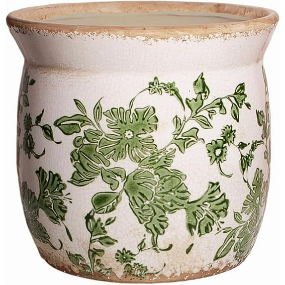 Rustic Ceramic Pots for Plants, 6.21in. Vintage Crackle Glazed Planters for Indoor & Outdoor Plants with Drainage Hole, Unique Planting Pots for Gardening, Tuscan Decor Plant Pots Indoor, Green Leaf