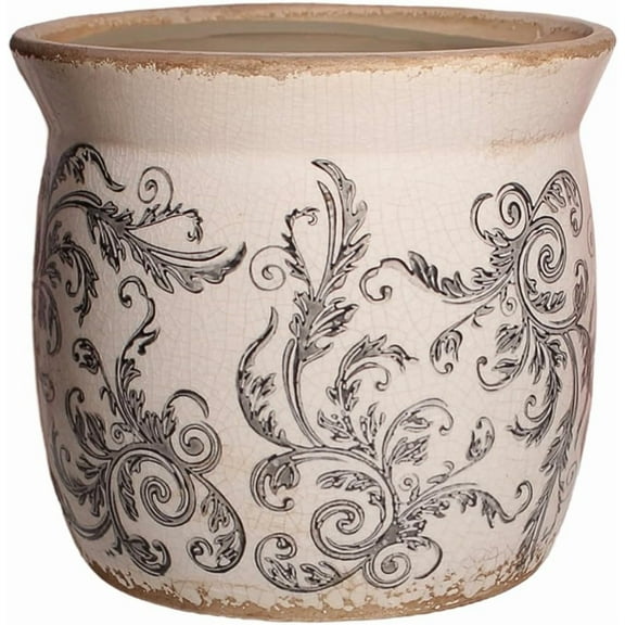 Rustic Ceramic Pots for Plants, 6.21in. Vintage Crackle Glazed Planters for Indoor & Outdoor Plants with Drainage Hole, Unique Planting Pots for Gardening, Tuscan Decor Plant Pots Indoor, Scroll Gray