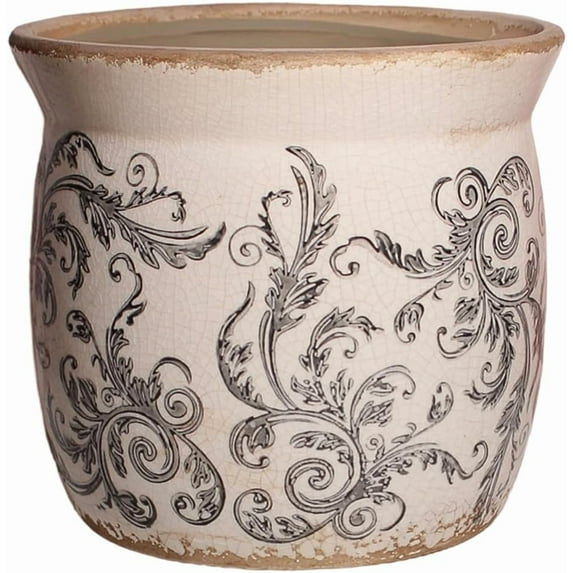 Rustic Ceramic Pots for Plants, 6.21in. Vintage Crackle Glazed Planters for Indoor & Outdoor Plants with Drainage Hole, Unique Planting Pots for Gardening, Tuscan Decor Plant Pots Indoor, Scroll Gray