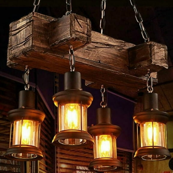 Rustic Chandelier Pendant Lighting Fixture Wooden Ceiling LED Light Hanging Lamp