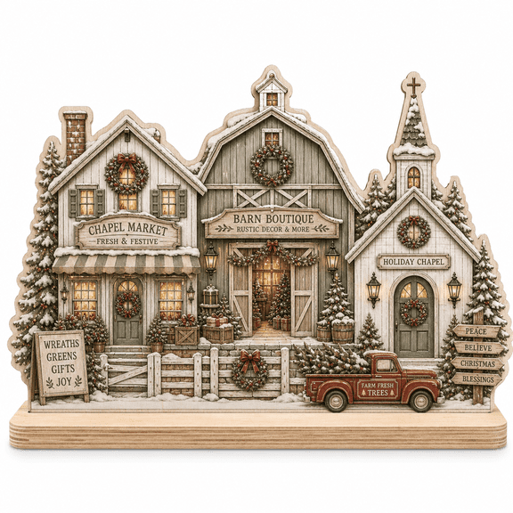 Rustic Chapel Barn Christmas Wooden Block for Farmhouse Holiday Decor