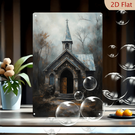 Rustic Chapel in Misty Forest Wall Art, 8x12 Inches Metal Print, Moody Gothic Church Painting with Bare Trees and Foggy Atmosphere, Vintage Wooden Siding Decor for Home Office