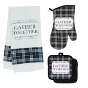Rustic Charm Black and White Buffalo Check Gather Together Kitchen Linen 4Pc Set, Oven Mitt Pot Holders Drying Towel Autumn Fall Home Culinary Collection Welcoming Gift Decor