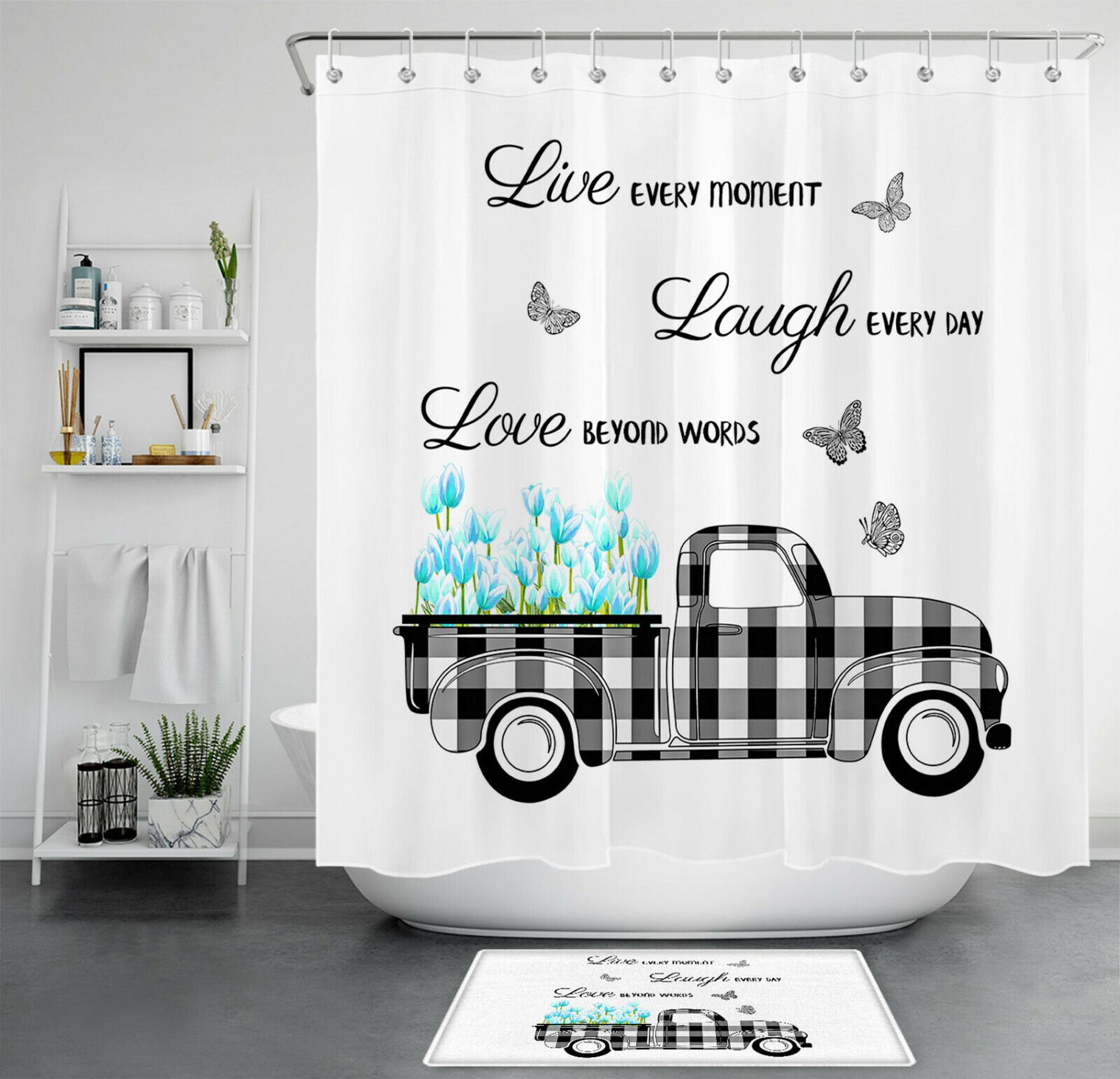 Rustic Charm Vintage Farm Truck Tulip Shower Curtain Set with