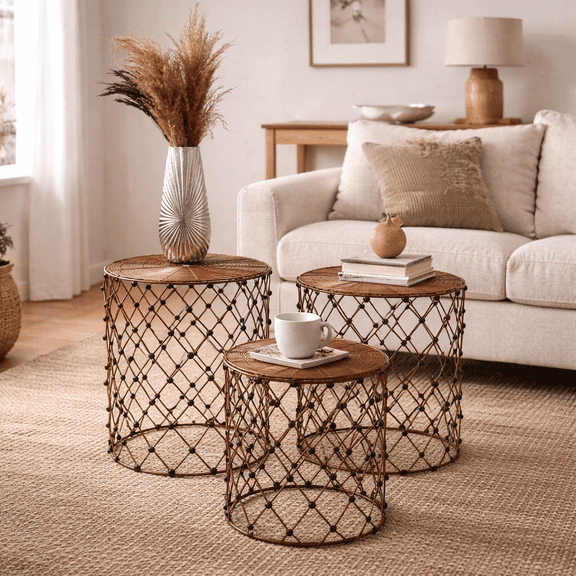Expobazaar Nesting Stool | Decorative Rustic Charm Wire Stools | Set of 3