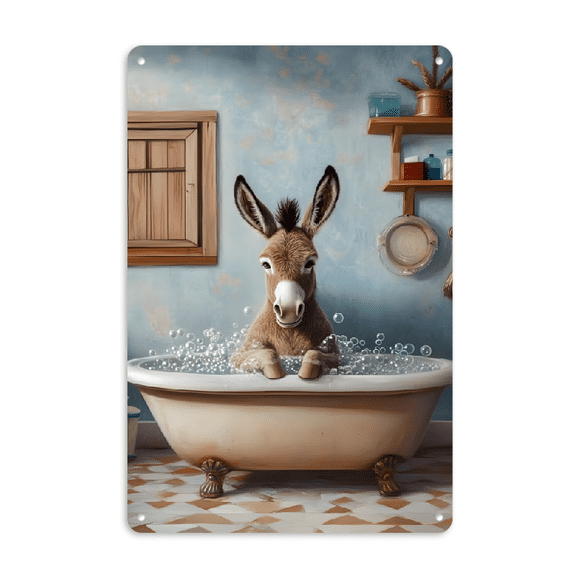 Rustic Charm & Whimsy Donkey Bath Time Metal Tin Sign for Home Decor, Perfect for Bathroom Wall Art decor, Farmhouse Style, Vintage Antique Design signs gifts 12x8inch