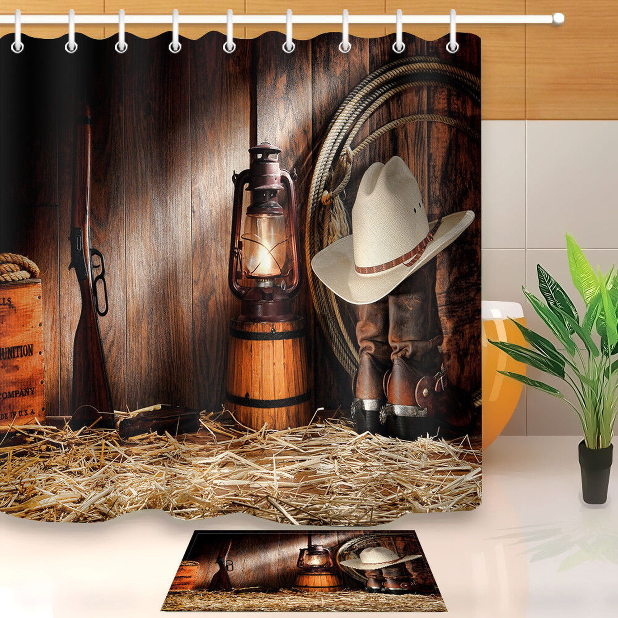 Rustic Charm meets Practicality Waterproof Cowboy Gun Shower Curtain
