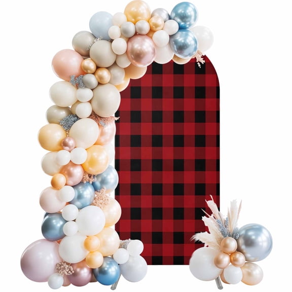 Rustic Checkered Arch Backdrop Cover, Spandex Fitted Wedding Arch Cover, Black Red Buffalo Plaid Round Top Stand Covers for Birthday Ceremony Bridal Shower Party Decor 5x2.1 Ft