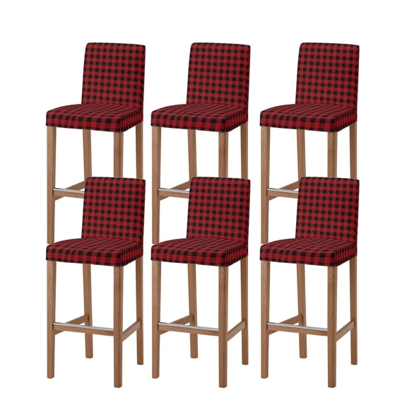 Rustic Checkered Bar Stool Covers Set of 6, Black Red Buffalo Plaid Stretch Washable Bar Chair Covers with Backs, Removable Pub Counter Height Chair Cover for Kitchen Dining Room Cafe