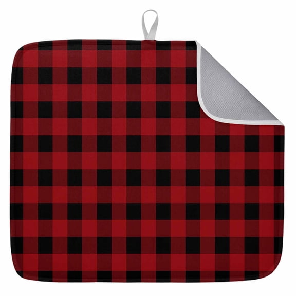 Rustic Checkered Dish Drying Mat for Kitchen Counter, Black Red Buffalo Plaid Dish Mat Drying Kitchen Mat for Sink Fridge Drawer Absorbent Dishes Drainer Mats Microfiber Drying Pad 1pcs 16"x18"