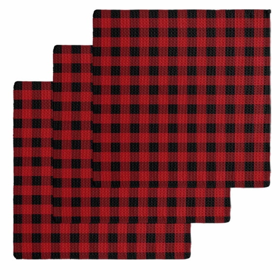 Rustic Checkered Dish Towels Set, Waffle Weave Kitchen Towels 3 Pieces, Black Red Buffalo Plaid Microfiber Hair Face Bath Tea Towel Absorbent Quick Drying Cleaning Dish Cloths 12"x12"