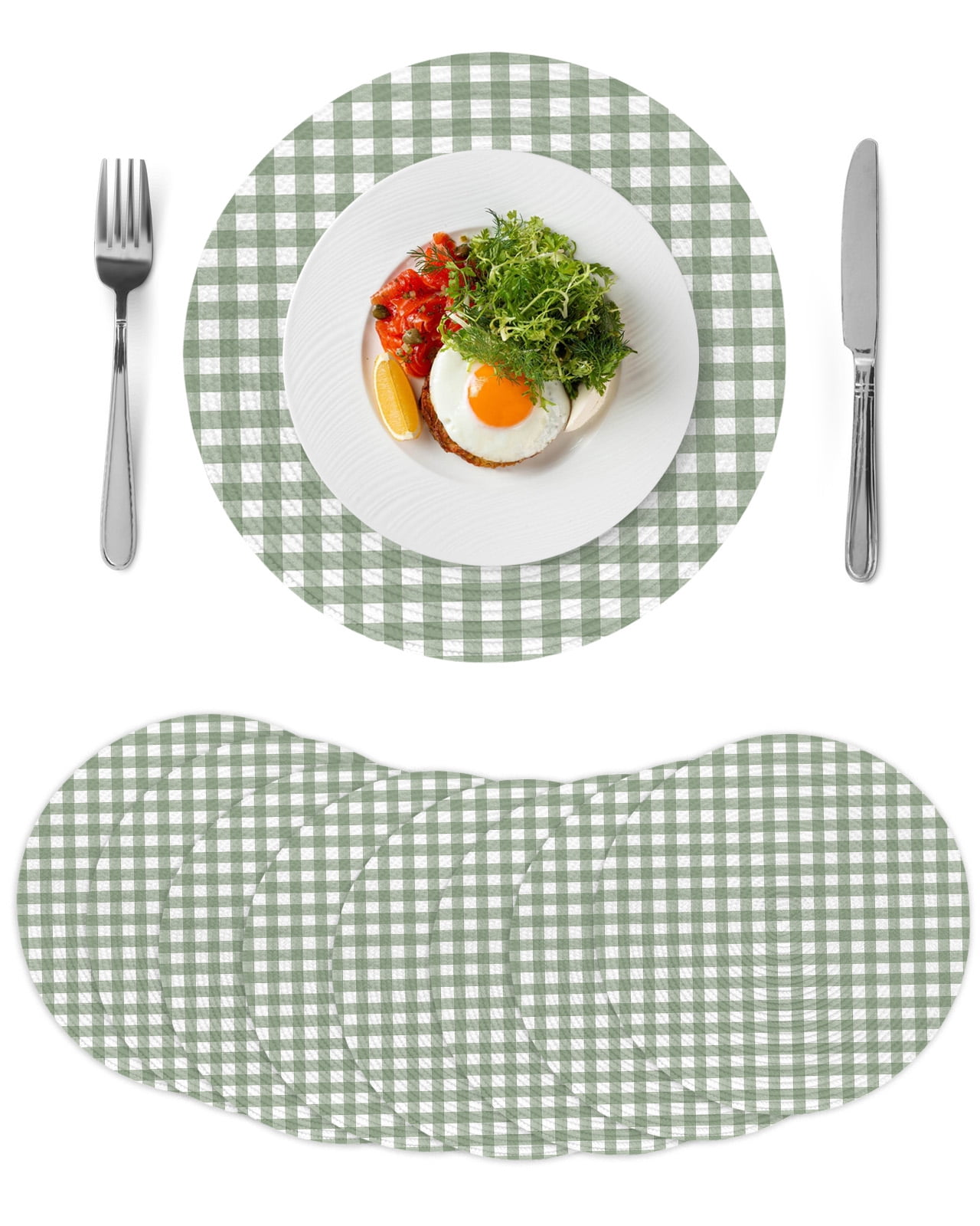 Rustic Checkered Plaid Round Table Placemats set of 8, Sage Green Washable Woven Place Mats for Dining Tables Kitchen Party Decor,Heat Proof, 15in,