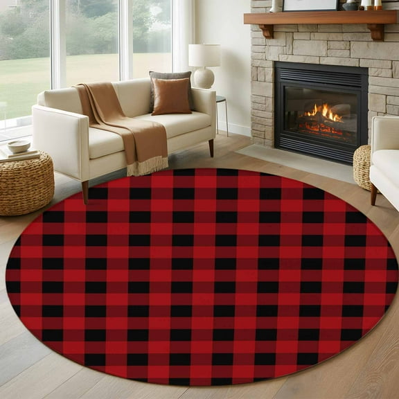 Rustic Checkered Round Area Rug 5 FT, Non Slip Bedroom Area Rug, Black Red Buffalo Plaid Washable Soft Circular Carpet Non-Shedding Floor Mat for Kitchen Dining Room Foyer Balcony Dorm