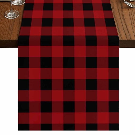 Rustic Checkered Short Table Runner 36 Inches Long, Black Red Buffalo Plaid Cotton Linen Table Runners Dresser Scarves, Fabric Tabletop Scarf Furniture Cover for Home Dinner Party Decor 13"x36"