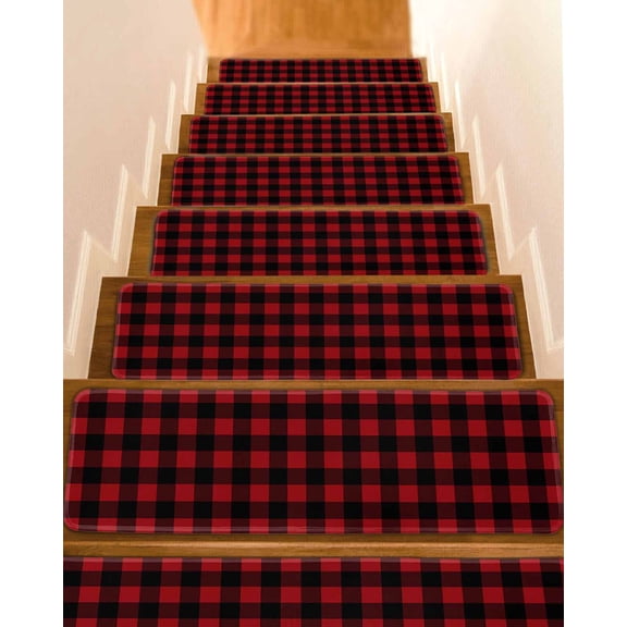 Rustic Checkered Stair Treads for Wooden Steps Indoor Runner Rug Carpet, Black Red Buffalo Plaid 15 Pieces Peel and Stick Staircase Step Treads Covers Washable Throw Door Mats, 30"x8"