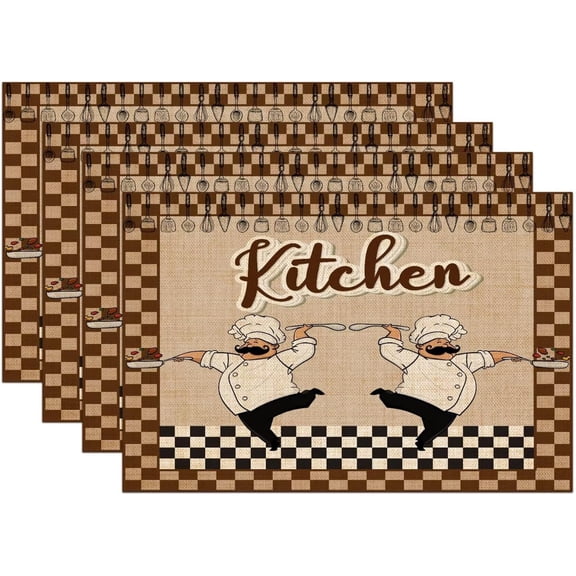 Rustic Chef Kitchen PlacematsWestern Fat Chef Cook Theme Pattern Resistant Washable Place Mats for Dining Kitchen Farmhouse Decor,4 PCS