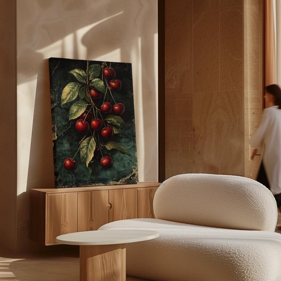 Rustic Cherry Branch Wall Art – Vintage Botanical Print, Red Cherries And Leaves, Farmhouse Kitchen Decor Wall Art, Modern Wall Decor, 16x24 UNFRAMED