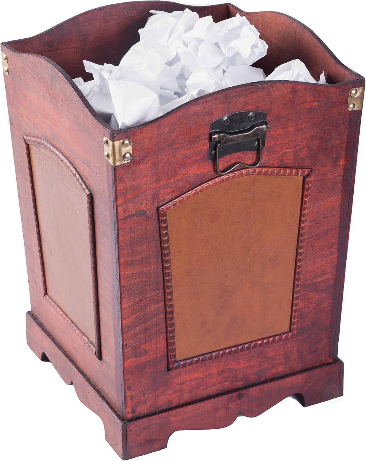 Rustic Cherry Wood and Leather Decorative Trash Bin