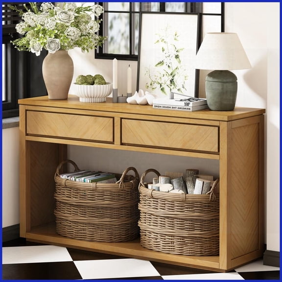Rustic Chevron Natural Wood Coffee Table with 2 Drawers & Open Shelf, Ample Storage for Living Room