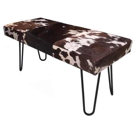 Rustic Chic Bench RAKE Upholstered in Brown & White Cowhide with Metal Legs