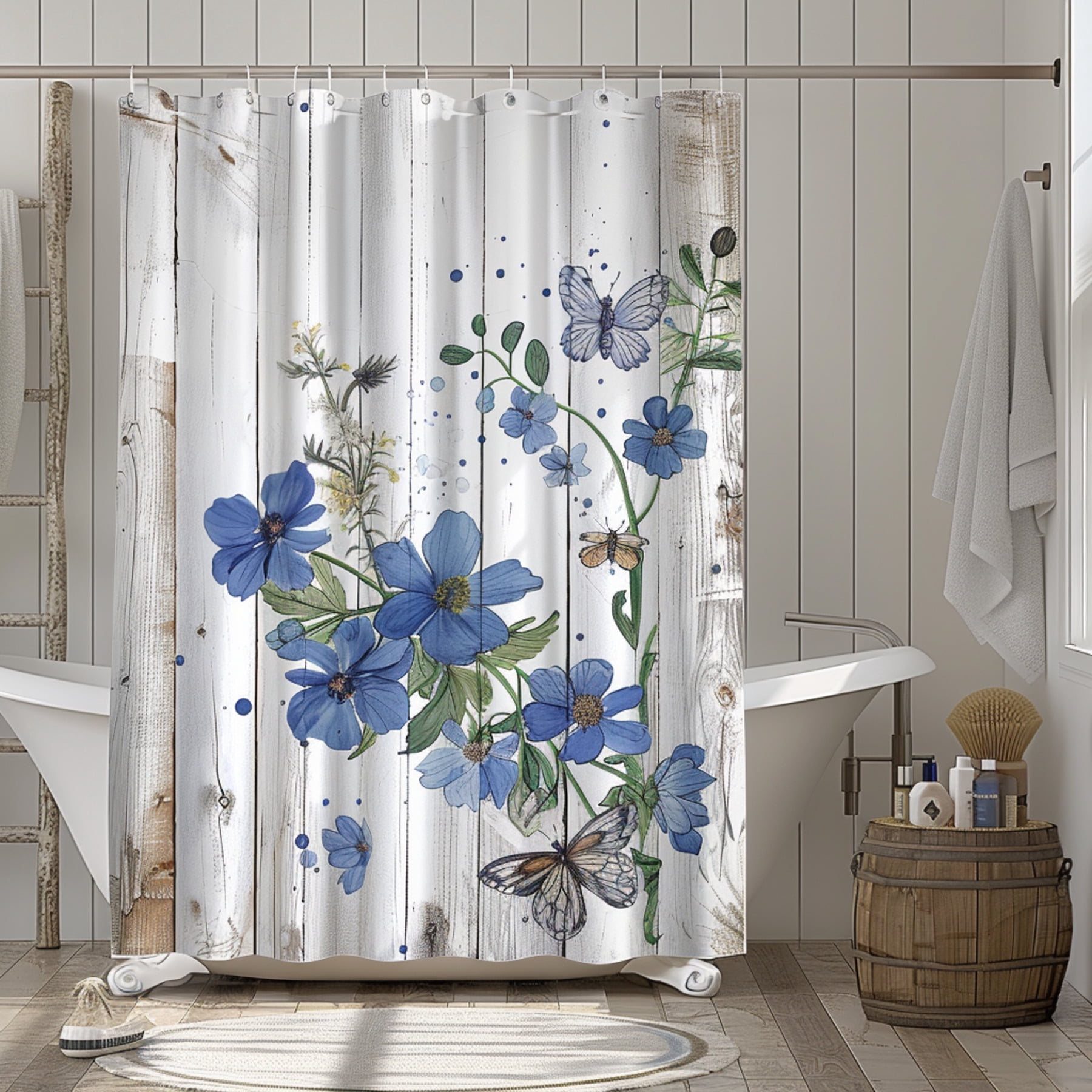 Rustic Chic Blue Floral Shower Curtain Vintage Style Farmhouse Decor