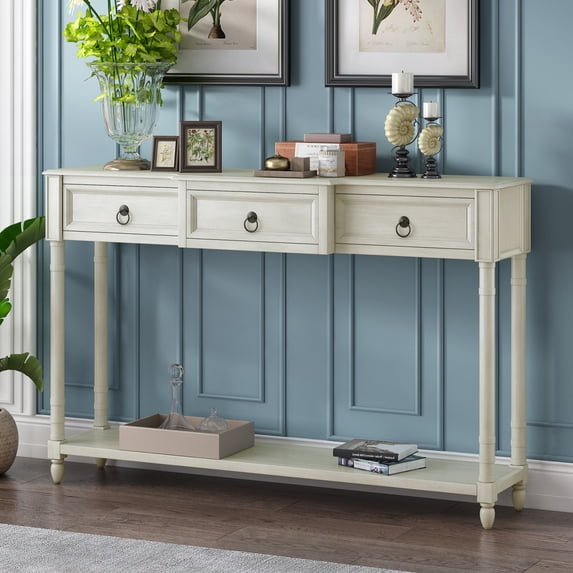 Rustic Chic Console Table Sofa Table with 3 Drawers, Solid Wood Hall Tables Tall Entryway Table with Shelves, Side Tables with Projecting Drawers and Long Shelf, Antique White