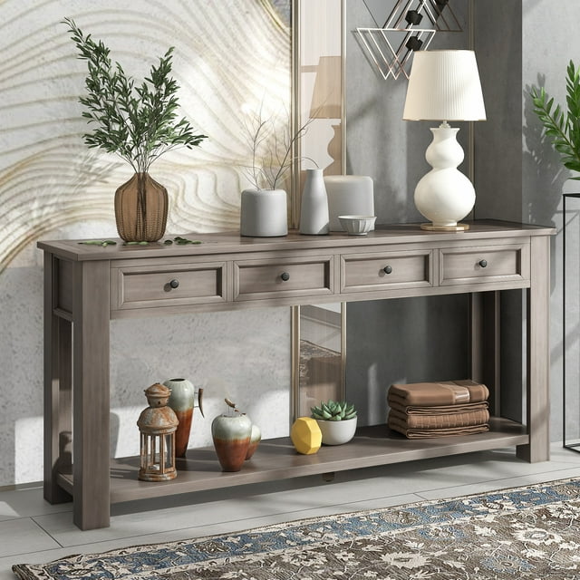 Rustic Chic Console Table with Storage, Sofa Table Entryway Hallway, 63 Inch, Gray Wash
