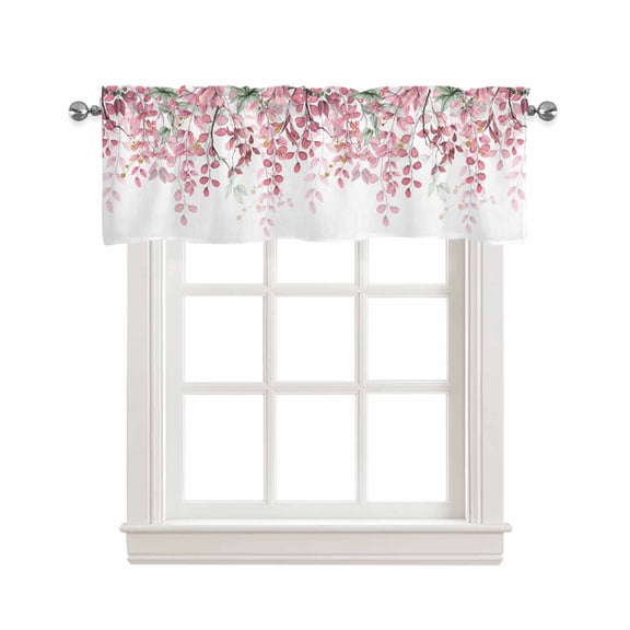 Rustic Chic Leaves Linen Curtain Valance for Bedroom/Bathroom/Kitchen/Office/Living/Dining Room Windows, Modern Multi Eucalyptus White Rod Pocket Topper Decorative Cafe Drapes Panel 54"x18"