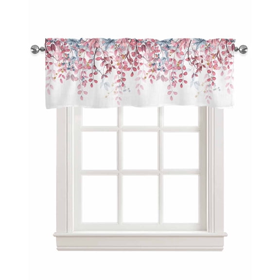 Rustic Chic Leaves Linen Curtain Valance for Bedroom/Bathroom/Kitchen/Office/Living/Dining Room Windows, Modern Multi Eucalyptus White Rod Pocket Topper Decorative Cafe Drapes Panel 60"x18"