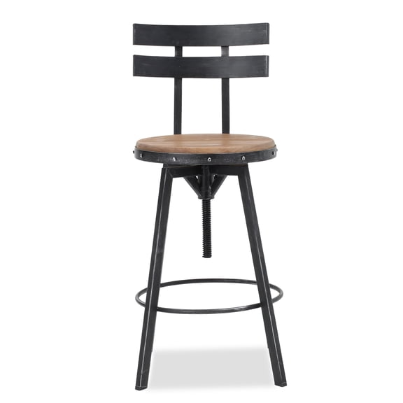 Rustic Chic Metal Barstool with Antique Firwood Seat, Black Brush Silver Frame, 17.5"W x 20"D x 39"H, Perfect for Kitchen & Dining